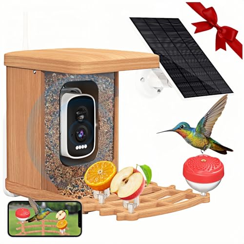 Solar Powered Bird Feeder with Camera, Hummingbird Feeders for Outdoors | 4K QHD Live Video Hummingbird feeder AI Bird Recognition, Auto Recording Squirrel Proof Bird Feeders for Bird Lovers Gift