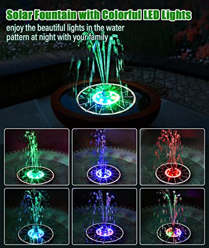 SZMP Solar Fountain Upgraded 100% Glass Panel, 3.5W Solar Powered Water Pump Built-in 2000 Battery with 7 Nozzle & 4 Fixer, Solar Bird Bath Fountain for Garden, Pool, Outdoor (Colorful) - color: Colorful Led Lights