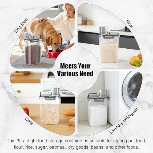 LEAWALK 3-5Lbs/3Qt Dog Cat Food Storage Container With Foldable Bowl. Plastic Pet Food Dispenser for Small Animal Kibble/Pet Food/Bird Seed/Oatmeal/Rice/Flour/Brown Sugart/Cereals (Clear Black) - color: Clear Black, size: 3L-1pack