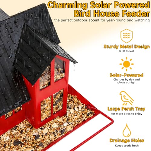 Solar Bird Feeders for Outdoors Hanging, Heavy-Duty All-Metal | House-Shaped Small Birdfeeders with Solar Lights, Charming Garden Decor, Unique Gifts for Bird Lovers, Mom and Grandma(Red) - color: Red