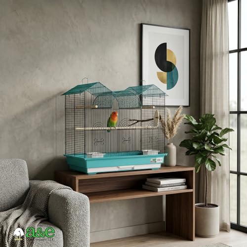 A&E Cage Co Triple Top Bird Cage for Parakeets & Finches, 26"x14"x23" Teal | Decorative Triple Roof, 2 Feeder Stations, 3 Wood Perches, Slide-Out Tray, Carry Handle, Safe Narrow Bar Spacing