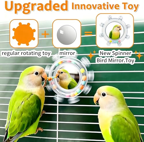 2Pcs Bird Mirror Toys with HD Mirror & Spinner Rattle, Rotating Budgie Enrichment Toy with Rustling Beads, Safe Smooth Edge Bird Cage Toy, Flexible Mounting for Parakeet, Cockatiel & All Small Birds