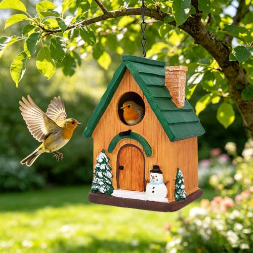 Rustic Cottage Hanging Bird Houses for Outside Garden Yard Decor | Resin Outdoor Birdhouses for Bluebird Wren Finches Cardinals Sparrow Nesting, Gift for Bird Lover Mom Women Christmas - color: Green