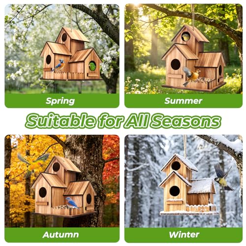 Bird Houses for Outside, 3-Hole Large Wooden Birdhouse for Bluebirds Finches Cardinal Hummingbird, Bird House for Outdoors Hanging Bird House Clearance Garden Courtyard Decor