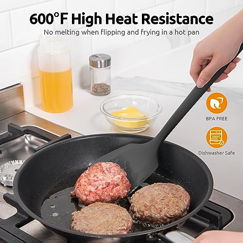 U-Taste Silicone Turner Spatula Set of 2, 13.6" Long/3.7" Wide, Black | 600ºF Heat Resistant Food Grade Silicone Cooking Utensils Set, Wide Large Solid & Slotted Turner Pancake Egg Flipper - color: Classic Black