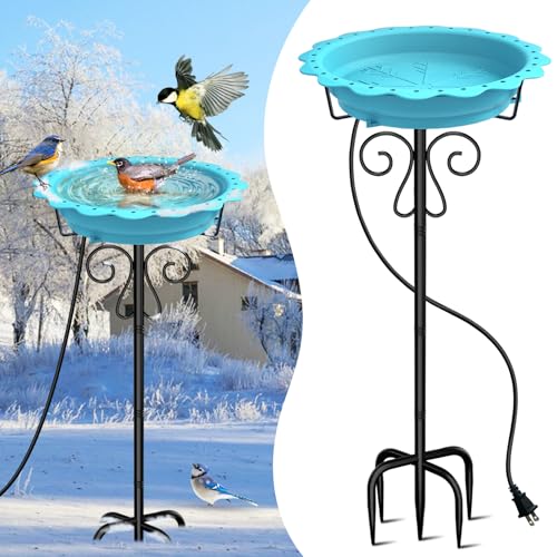 Heated Bird Bath for Outside Winter, Powerful 100W Thermostat Control Heated Bird Baths for Outdoors with 5-Prong Metal Stake, Heated Birdbath Water Heater for Garden Yard Patio Lawn (Blue) - color: Blue