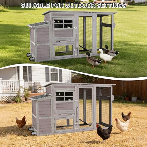 75" Large Chicken Coop with Run, Mobile Wooden Poultry Cage on Wheels, Sectionable Nesting Box, Weatherproof Roof, Easy Cleaning Tray for 3-6 Chickens, Easy Assembly - color: Grey (AIR31)