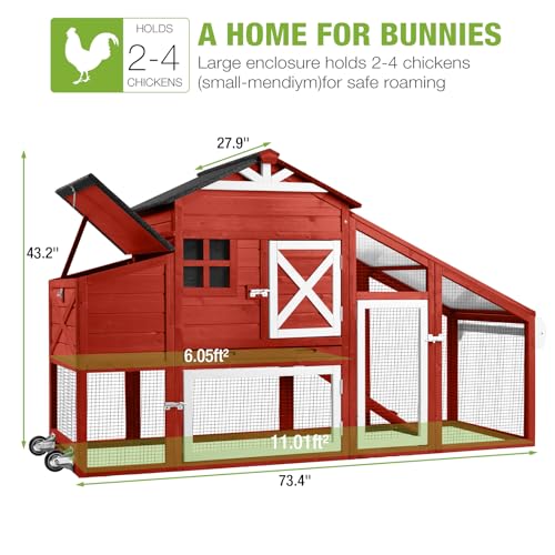 GUTINNEEN Mobile Chicken Coop for 2-4 Chickens with Wheels, Expandable Large Hen House with Run, UV-Protected Roof, Divided Nesting Boxes, Easy One-Person Move, Red - color: Red, size: 65.2"L x 26.4"W x 47.6"H