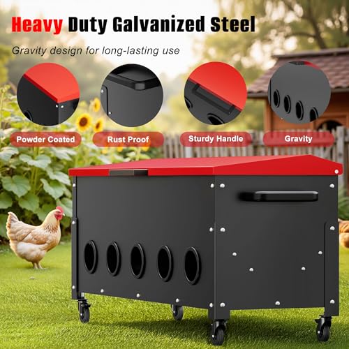 120lbs Automatic Chicken Feeder, Galvanized Steel with Wheels, 10 Feeding Ports & Weatherproof Lid, No Waste, Large Capacity Chicken Feeding Box for Hens, Ducks, Geese - color: 120lbs-Red