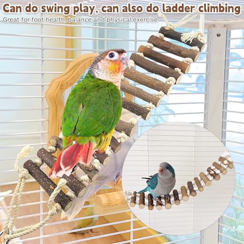 PINVNBY Bird Parakeet Toys, Bird Rope Ladder Swing Hammock Toys, Made of Natural Wood and Rope, Parakeet Cage Accessories for Parrot Budgie Conure Cockatiel (2 PCS) - color: Brown