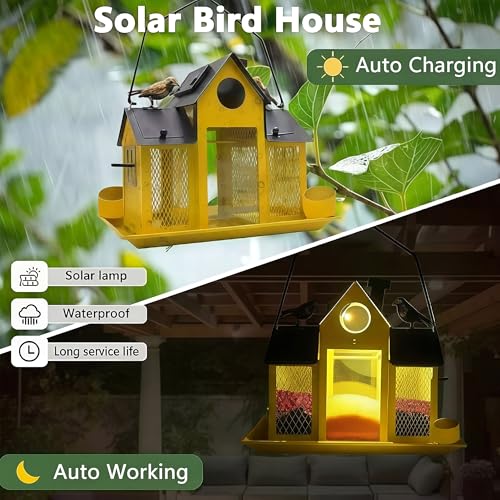 Solar Bird Feeders House for Outside Hanging, Metal Wild Bird Feeder for Outdoors Large Capacity Cardinal Birdfeeder Birdhouses Metal Bird Feeding Station Yellow - color: yellow