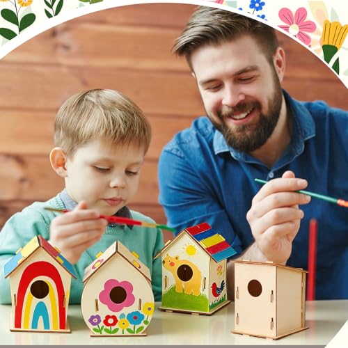 48 Pack Wooden Bird Houses to Paint DIY Crafts Unfinished Birdhouse Bulk Build Art Painting Bird House Sets Hanging Ornaments for Tree Crafts Project Creative Activity Party Gifts