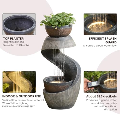 Outdoor Water Fountain with LED Lights, 31.9" Modern Resin Waterfall Fountain Outdoor, S-Shaped Garden Water Feature for Yard, Balcony, Home Decor, Patio Fountian and Waterfalls, Grey - color: Grey-2.66ft