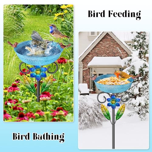 Metal Outside Bird Bath, 42“ Freestanding Garden Birdbath for Outdoor, Blue | SHUONIVS Bird Baths Feeder Bowl Detachable Decoration Spa Birdfeeder forPatio Yard Lawn Decor, 10" Dia Bowl with Stake - style: Blue+Flower