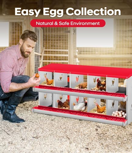 10 Compartment Chicken Nesting Box, Heavy Duty Metal Laying Box with Perch, Easy Assembly & Easy Clean for Outdoor Chicken Coop, Red - color: Red, size: 10 Compartment