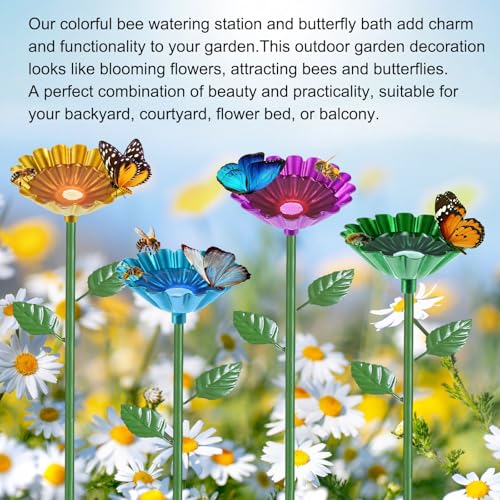 M METERXITY 4-Pack Bee Watering Station, 64cm/25 Inch Iron Bee Bath for Garden Water Feeder, Colorful Butterfly Bath Bowl for Outdoor/Garden/Yard Decor [Blue/Rose Red] - color: Blue, magenta