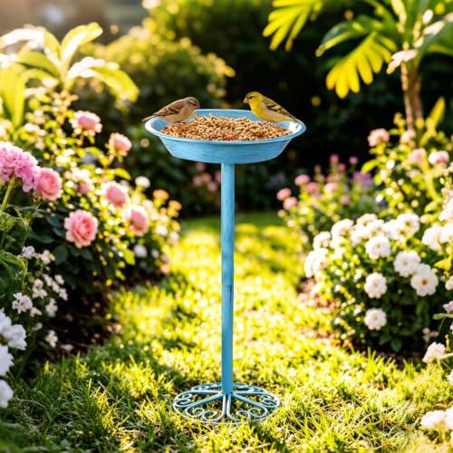 WANGIRO 12" Freestanding Metal Bird Bath & Feeder Magnetic Dragonfly Blue | Rust-Proof Metal, Sturdy Base with 3 Ground Stakes, 2-in-1 Bath & Feeder, Easy Clean, Gift for Garden Patio Lawn Backyard