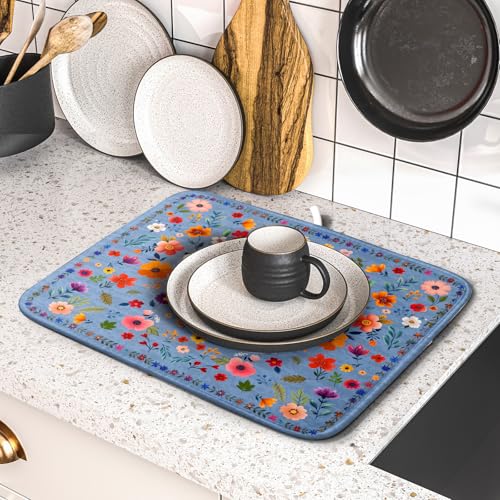Lovely Flowers Dish Drying Mat - Blue Floral Kitchen Counter Microfiber Drying Pad 16 X 18 for Home Decor - color: Wildflowers Blue, size: 18" x 16"