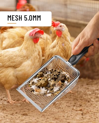 Chicken Poop Scooper for Coop,2 Pack Chicken Coop Poop Scoop Shovel with 3.8mm & 5mm Mesh, Metal Chicken Coop Rake and Scoop Tool,Scooper Shovel for Sifting Sand, Litter, Chicken Supplies