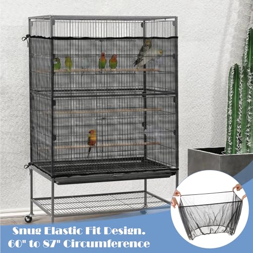Trinkrittey Large Bird Cage Seed Catcher 31 x 118 inches Adjustable Bird Cage Net Cover Black Bird Cage Cover Elastic Band Mesh Cage Cover Skirt Nylon Mesh for Parakeet Parrot Cages