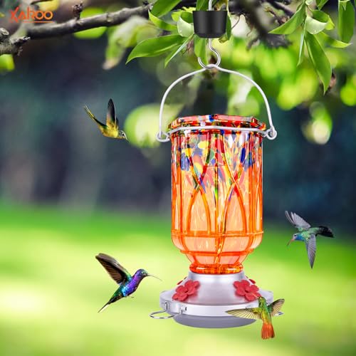 Hummingbird Feeders for Outdoors with Ant Moat, Hand Blown Glass Hummingbird Feeder, 4 Feeding Ports with Perch, Outdoor Garden Décor, 15 OZ, Orange - color: Orange