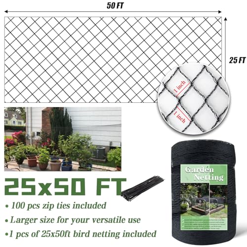 25 x 50 FT Bird Netting,1" Mesh Garden Netting,100PCS Zip Ties | Heavy Duty Bird Net Poultry Netting Fence for Chicken Coop,Fruit Trees,Plants and Vegetables Against Birds, Deer, Squirrels - size: 25 x 50 FT