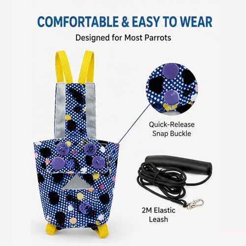 Parrot Flight Suit with Elastic Leash, 2-in-1 Vest & Traction Set, Quick-Release Design, 2 Colors (Blue Heart/Black Heart), Polyester, 7.48x7.87in, for Budgie Cockatiel Lovebird (Black Heart) - color: Black Heart
