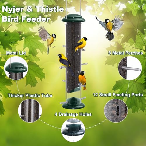 Finch Feeders for Outside, Nyjer & Thistle Bird Feeders, 15 Inch Tube Feeder with 12 Small Ports & 8 Perches, Durable Metal Design for Outdoor Hanging, Easy Fill & Clean