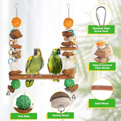 3-in-1 Parrot Toys Natural Coconut Fiber Parrot Hammock (Swing + Perch + Chew Toy) Natural Bird Perches for Medium Large Birds - 23" Bird Toys for Parrots Stand - color: Bird Stand