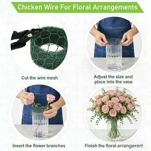 Floral Chicken Wire, Chicken Wire for Floral Arrangements for Reinforce Fencing 4 x 118 Inch Hexagonal Galvanized Mesh Fence with Gloves Ties & Cutter
