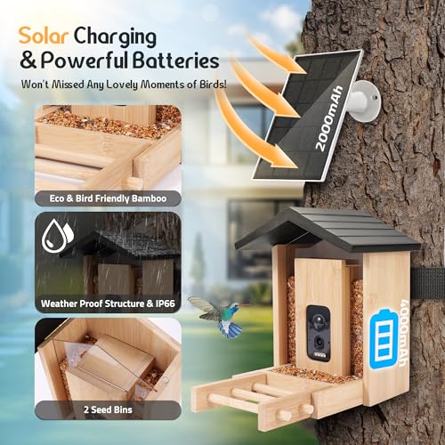 Smart Bird Feeder with Camera, 2.5K HD Camera Bird Feeder, AI Identify, Solar & Battery Powered, Auto Capture & Notify in Time, Bamboo Wooden, Ideal Gift for Family(1.55L)