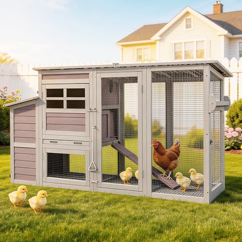 GUTINNEEN Large Mobile Chicken Coop with Run, Wooden Outdoor Hen House with Wheels & Handle, Weatherproof Roof, Nesting Box, Pull-Out Tray, Secure Lock for Outdoor Chickens Ducks - size: 74.9"L x 26.0"W x 39.4"H