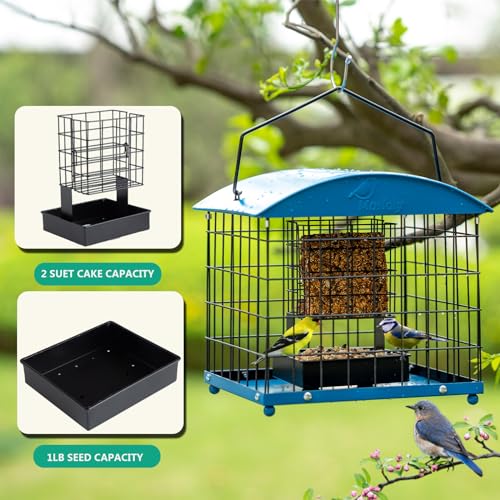 Caged Suet Bird Feeders Squirrel-Proof, Dual-Purpose Suet &Seed Wild Bird Feeders with Tray, Starling-Proof Metal Caged Bird Feeders Outdoors Hanging, 2 Suet Cakes+1lb Seed Capacity, Blue