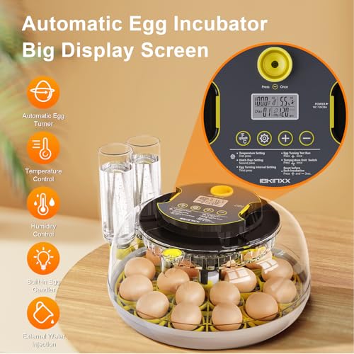 IBKINXX Incubator for Hatching Eggs-18 Egg Capacity, Automatic Egg Turner, Temperature & Humidity Control, 360° Viewing for Chicken, Duck and Quail Eggs