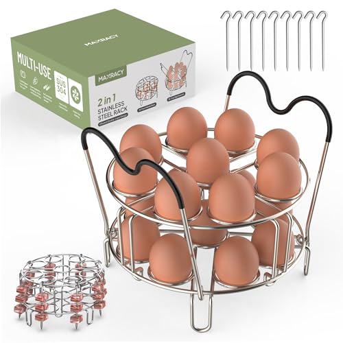 Stackable Egg Steamer Rack Holds 18 Eggs with Handles, Stainless Steel Instant Pot Trivet Fits 6qt/8qt Pressure Cooker, 2-in-1 with Skewers for Grilling
