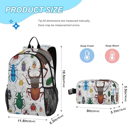 Bugs Small Beetles Insect Backpack with Lunch Bag, School Backpack for Teens Boys Girls Kids Backpacks Set - color: Grey and White