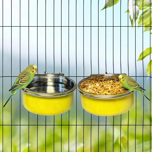 2 Pcs Parrot Feeding Dish Cups,Stainless Steel Bird Food Water Bowls | Parrot Cage Feeder with Clamp Holder Small Bird Feeding Cup for Parakeet Cockatiels Conure Budgies Chinchilla Small Animal - size: 2pcs Yellow