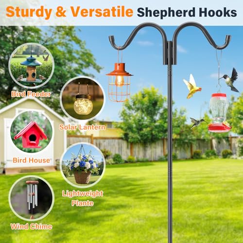 【Upgraded Stability】62 Inch Double Shepherds Hook for Outdoor, Heavy Duty Adjustable Bird Feeder Pole with 5 Prongs Base, Multi-Hook Stand for Bird House, Wind Chime, Hummingbird Feeder & Plants - size: 62"