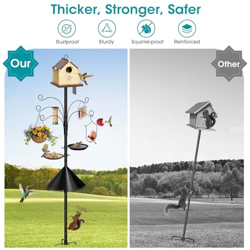 108 Inch Bird Feeder Pole Squirrel Proof, Heavy Duty Bird House Pole, Adjustable Bird Feeder Stand with 5 Shepherds Hooks, 2 Mental Trays, Hummingbird Swing