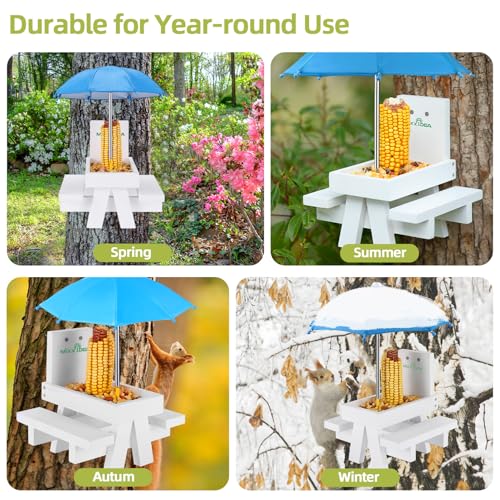Squirrel Feeder Table with Umbrella, Wooden Squirrel Picnic Table Feeder, Durable Squirrel Feeder Corn Cob Holder, with Solid Structure and 2 x Thick Benches(White&Blue) - color: White&Blue