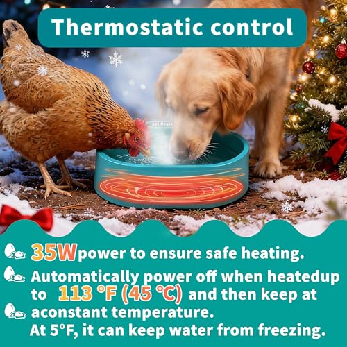 Heated Chicken Waterer, 125OZ Large Capacity Heated Water Bowl for Chickens Coop Dogs Cats Duck Rabbit, Outdoor Freeze Proof Poultry Waterer in Winter with Thermostatic Control