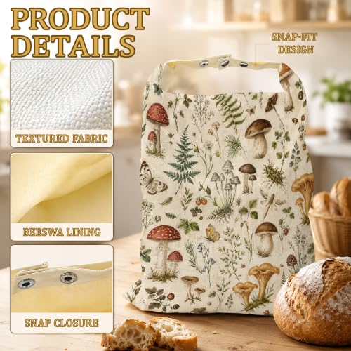 Mushroom Fern Bread Bags for Homemade Bread, Butterfly Garden 2 Pack Linen and Beeswax Sourdough Storage Bags, Reusable Keeper, Keeps Breads Fresh Longer, Gifts for Bakers - color: Mushroom Fern