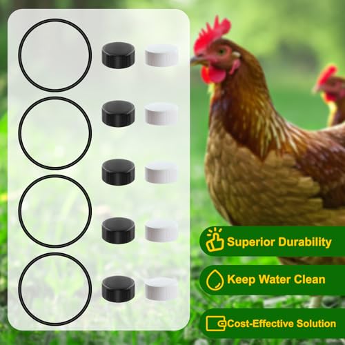 Plastic Poultry Waterer Replacement Parts Kit | 10 Caps & 4 O-Rings, Compatible with Miller, Little Giant PPF & Farm-Tuff 3/5/7 Gallon Poultry Founts (Black & White) - color: Black & White