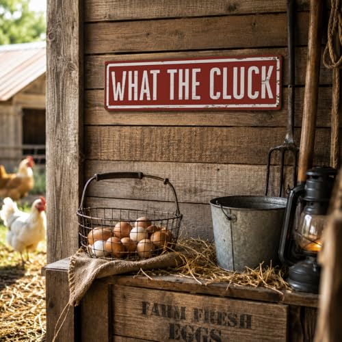 Rustic Farmhouse Style Chicken Coop Sign, Metal Outdoor Chicken House Signs, What The Cluck signs, Retro Metal Tin Sign, Farmhouse Decor, Backyard Hen House Gift 15.8x4 Inch - color: Farmhouse 15