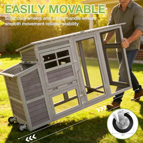 GUTINNEEN Large Mobile Chicken Coop with Run, Wooden Outdoor Hen House with Wheels & Handle, Weatherproof Roof, Nesting Box, Pull-Out Tray, Secure Lock for Outdoor Chickens Ducks - size: 74.9"L x 26.0"W x 39.4"H