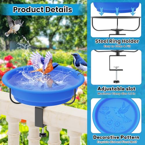 Deck Mounted Bird Bath for Outside, Detachable Plastic Bowl, Blue | Adjustable 3.2" Metal Clamp, Easy to Clean & Install, Railing Birdbath & Birdfeeder, Balcony Fence Garden Decor