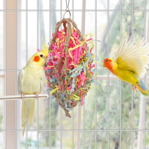 Wontee Bird Shredding Crinkles Foraging Toys Jute Mesh Bag for Cockatiel, A | Jute & crinkle paper, safe to chew, mesh bag design for fun shredding, colorful strips attract birds, for parakeet/conure - style: A (Bird Shredding Toy)