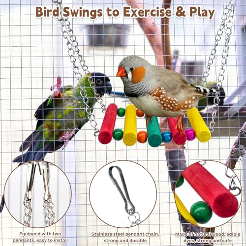 PINVNBY Bird Parakeet Toys, Bird Rope Ladder Swing Hammock Toys, Made of Natural Wood and Rope, Parakeet Cage Accessories for Parrot Budgie Conure Cockatiel (2 PCS) - color: Brown