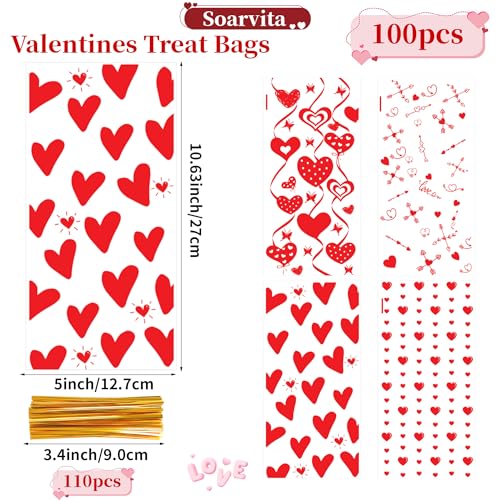 Soarvita 100PCS Valentine Goodie Bags – 5 x 11 Inch Red Heart Valentine Cellophane Treat Bags with 110 Twist Ties, Valentine's Day Candy Bags for Kids Classroom Exchange, Cookies, Gifts & Party Favors - color: Valentines-100pcs