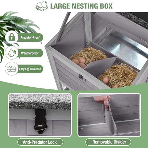 Mobile Chicken Coop with Wheels for 4-6 Chickens, Large Outdoor Hen House with Run, Weatherproof Asphalt Roof, Sectionable Nesting Box, Pull-Out Tray, 78" L x 27.6" W x 45" H - Grey - size: 78.0"L x 27.6"W x 45.0"H
